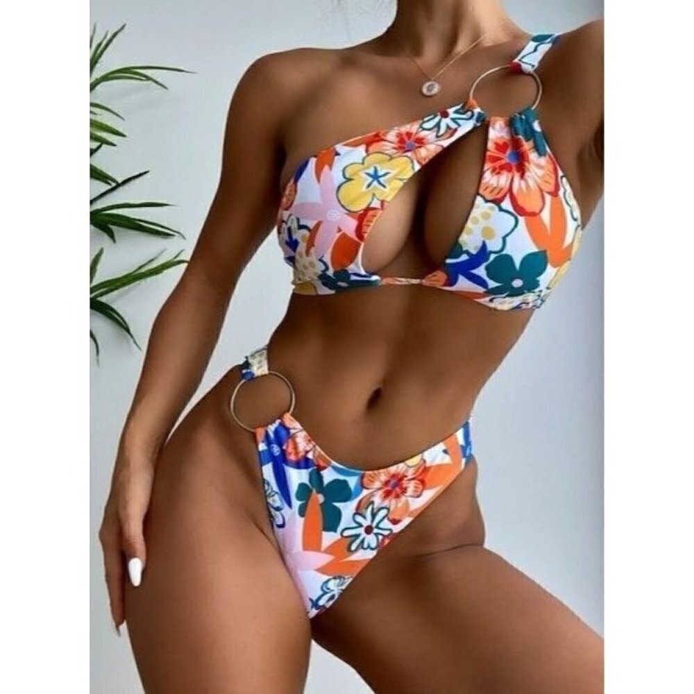 Floral One Shoulder Bikini Set with Ring Detail